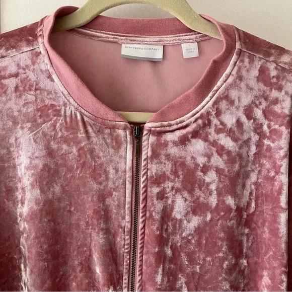 Crushed Velvet Bomber Jacket Women's Large Pink Front Zipper Light Top Y2K Glam - Picture 6 of 16